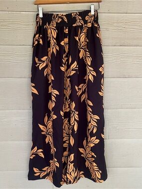 Dark Brown Orange Wide Leg Pants Floral Lei Aloha Print One Size Medium